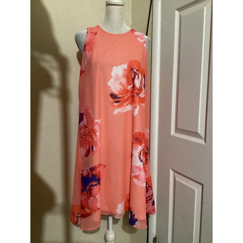 Calvin Klein Womens Coral Floral Chiffon Sleeveless Shift Dress Size 10